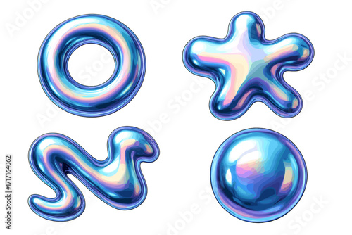 3D chrome abstract liquid shapes set. Inflated metal objects. Realistic y2k holographic fluid elements for futuristic design aesthetics. Iridescent shiny bubble forms.
