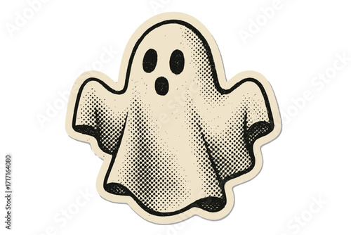 Cute white sheet ghost for Halloween. Vintage halftone illustration in mixed media collage style. Dotted retro paper sticker design. Spooky 90s zine vector cartoon graphic.