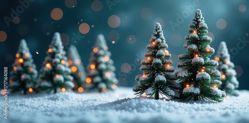 Artificial snow-dusted Christmas trees on display, commercial, lights, winter wonderland
