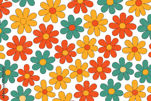 Groovy daisy flowers seamless pattern. Retro 70s floral background. Hippie power flower vector illustration. Nostalgic cheerful cartoon design for fabric and textile.