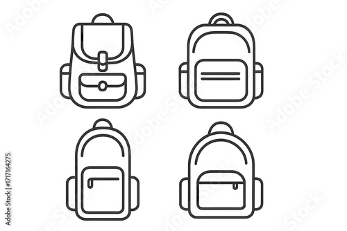 Backpack and schoolbag thin line icon set. Rucksack, knapsack, and haversack linear pictogram collection. Editable stroke vector for travel, school, and hiking concepts.