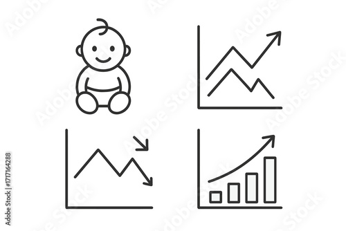 Birth rate and population growth analysis icon set. Demographics and fertility statistics. Vector illustration of a baby symbol with graphs showing increase and decrease trends.