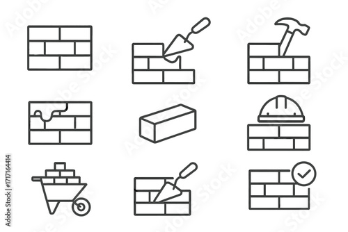 Bricklaying construction line icon set. Masonry and building work icons. Includes brick wall, trowel, hammer, wheelbarrow, hard hat. For contractor, industry and repair.