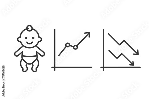 Birth rate trends analysis. Population growth, decline concept. Demography, fertility data statistics. Baby symbol with graphs, charts and arrows going up and down line icon.
