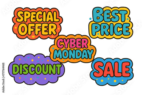 Set of colorful sale stickers. Vector illustration for retail promotion. Includes Cyber Monday, discount, special offer, best price tags. Hand drawn cartoon bubble lettering.