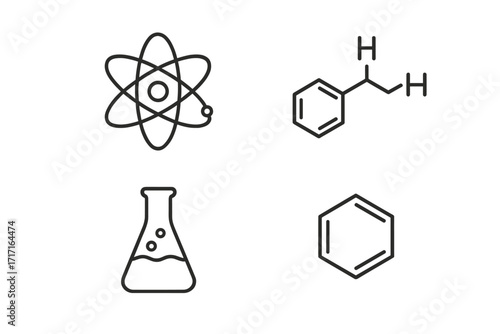 Chemistry line icon set. Atom, molecule, chemical formula, benzene ring, laboratory flask icons. Science, research, physics, education symbols. Vector outline illustration.