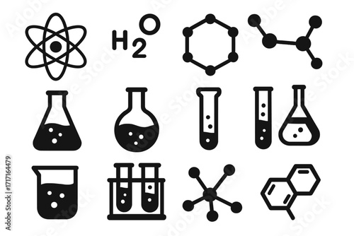 Chemistry science icon set. Vector glyph collection of atom, molecule, H2O, lab flask, test tube, beaker symbols. Simple flat illustration for education, research, experiment.