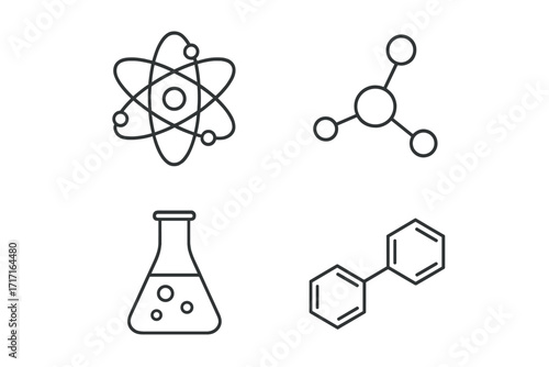 Set of chemistry line icons. Atom, molecule, chemical reaction, lab equipment. Vector symbols for science, education, research. Outline design elements for web, app, infographics.