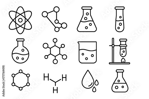 Chemistry line icon set. Simple outline icons for science, education, and research. Includes atom, molecule, flask, test tube, and lab equipment. Vector pictogram bundle.