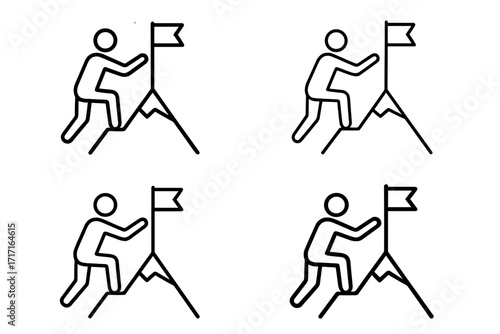 Success and goal achievement icon. Person climbing a mountain and planting a flag on top. Concept for leadership, reaching the peak, mission accomplished, and business success.