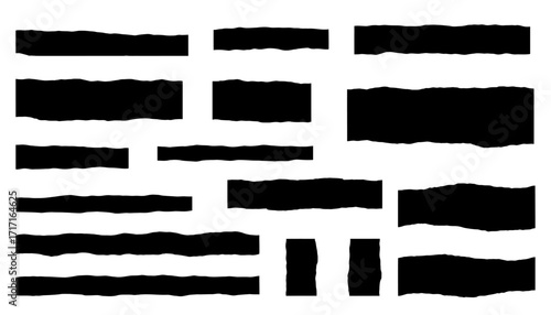 Torn long pieces of paper set. Black paper strips with jagged and even edges. Ripped fragment collection.