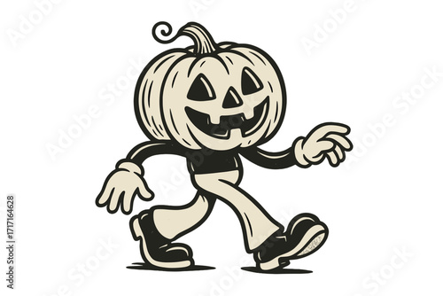 Groovy walking pumpkin character in trendy retro 70s style. Halloween mascot with a face. Vintage cartoon Jack o lantern. Hand drawn vector for sticker or t-shirt design.