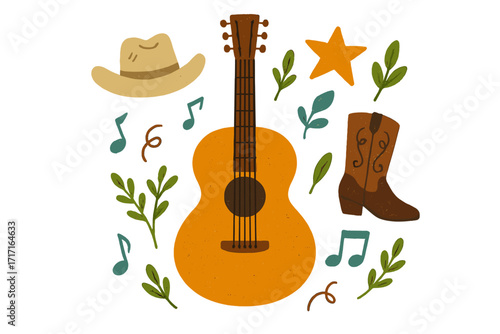 Country music concept with acoustic guitar, cowboy hat and boot. Western festival or concert poster elements. Hand-drawn vector set for folk and nashville style design.
