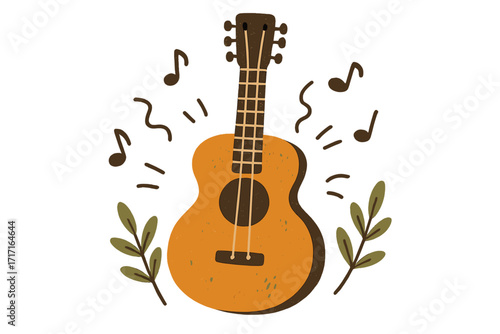 Country music print concept for festival banner. Hand drawn acoustic guitar illustration in textured flat doodle style. Rustic folk art for postcard, poster, or concert.