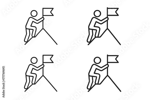 Man with flag on mountain top. Metaphor for success, goal achievement, victory. Business concept for reaching the peak. Thin line icon for leadership, career growth, mission.
