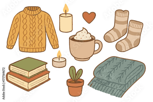 Danish lifestyle concept Hygge elements set. Cozy winter and autumn season attributes. Hand-drawn vector collection with knitted sweater, blanket, socks, hot chocolate, candles and books.