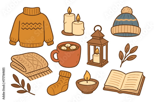 Hygge Danish lifestyle concept vector set. Cozy autumn and winter elements. Knitted clothes, sweater, scarf, hat, candles, cacao, and book for comfort and relaxation.