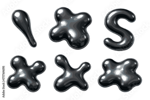 Dark chrome liquid 3d shapes set in y2k style. Realistic metal silver melt fluid form in futuristic aesthetic. 3d render of abstract chrome elements for graphic design.