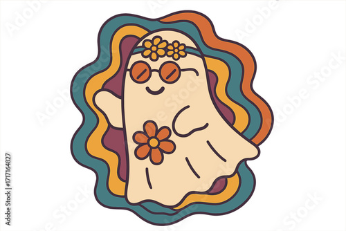 Groovy ghost on Halloween. Retro hippie character with sunglasses and flowers. 70s psychedelic art. Cute spooky phantom illustration. Vintage cartoon for party invitation.