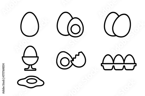 Egg icon set simple linear style. Vector outline collection with fried egg, boiled, broken shell, egg in a cup, and carton. Breakfast food editable stroke icons for web design.