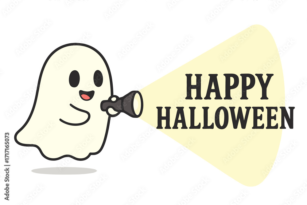 Obraz premium Cute ghost character with flashlight reveals Happy Halloween message. Spooky funny phantom for holiday greeting cards, invitations or party decor. Adorable spirit mascot vector.