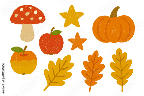 Crayon scribble texture autumn elements set. Hand-drawn fall clip art collection with mushroom, stars, apples, pumpkin, and oak leaves. Childish vector illustration for fall season.