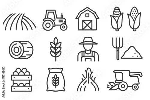 Agriculture and farming line icon set. Farmer, tractor, barn, and harvest symbols. Field, crop, wheat, corn, and hay bale. Rural countryside food production vector icons.