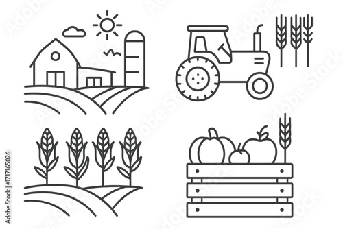 Agriculture farm line icon set. Harvest, field, tractor, barn, silo, wheat, corn, crop, produce crate. Rural landscape outline pictogram collection. Vector illustration.