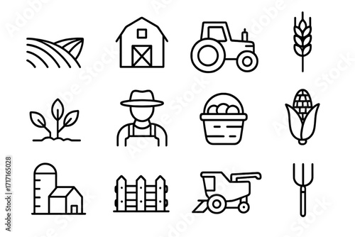 Farm and agriculture line icon set. Farmer, tractor, barn, harvest, and crop symbols. Outline vector collection of wheat, corn, silo, and combine with editable stroke.