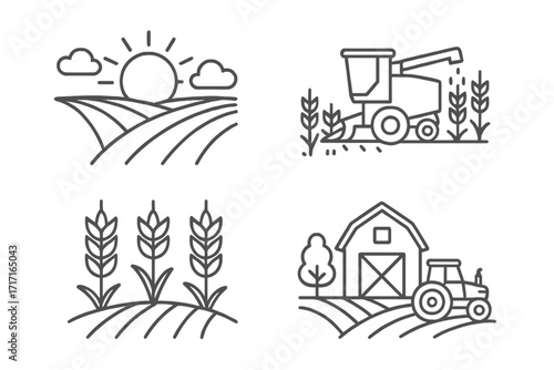 Farm and agriculture line icon set. Vector collection of rural landscape, field, tractor, combine harvester, wheat crop, and barn icons. Editable stroke for easy customization.