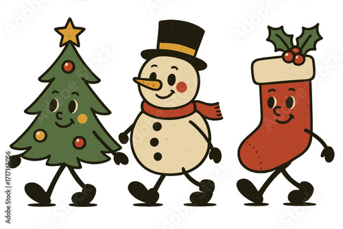 Retro Christmas characters walking. Holly jolly vibes with Xmas tree, snowman, and stocking cartoon mascots. Vintage holiday print for greeting card, poster, or party.