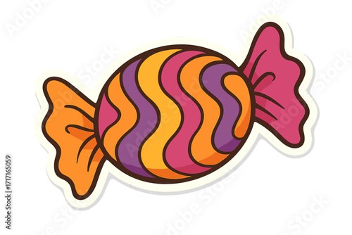 Groovy retro candy sticker icon. Psychedelic 70s style sweet treat in a wrapper. Colorful pop art vector illustration for fun, party, and junk food concepts. Isolated cartoon design element.