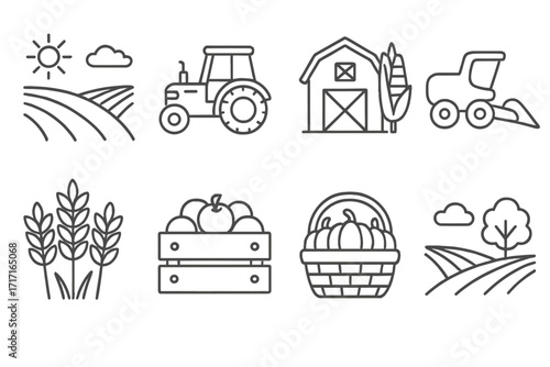 Farm and agriculture line icon set. Harvest festival symbols. Farmer equipment, tractor, combine harvester, barn. Autumn crops, apple crate, pumpkin basket, wheat.