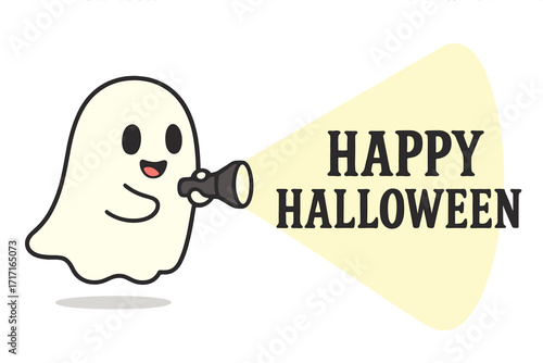 Cute ghost character with flashlight reveals Happy Halloween message. Spooky funny phantom for holiday greeting cards, invitations or party decor. Adorable spirit mascot vector.