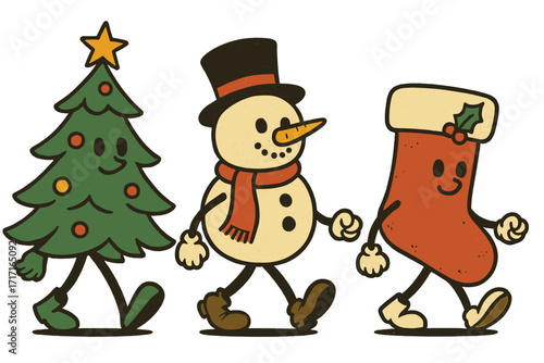 Holly jolly Christmas characters in trendy retro groovy style. Walking vintage mascots: Xmas tree, snowman, stocking. Festive holiday parade vector for greeting cards.