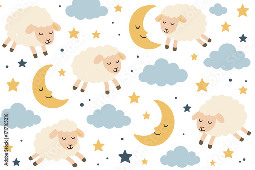 Cute night seamless pattern for kids bedtime. Vector background with sleeping sheep, lambs, moons, clouds, and stars. Childish wallpaper illustration for baby nursery.