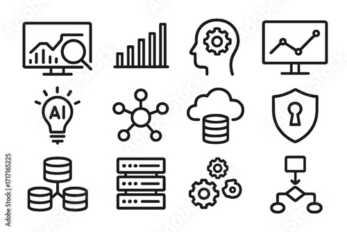 Data analytics and technology icon set for business intelligence, data visualization, AI, machine learning, cloud computing, cybersecurity, and information management concepts.