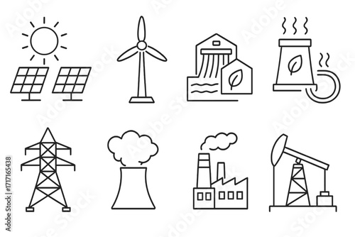 Energy sources icon set, sustainable vs harmful. Vector thin line icons of eco-friendly and fossil fuel power plants, stations, and generators. Renewable vs non-renewable.