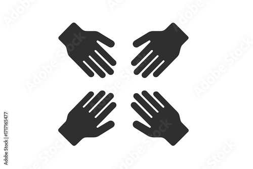Four hands icon for collaboration, teamwork, partnership, and unity. Vector graphic element for concepts like support, community, working together, connection, and social help.