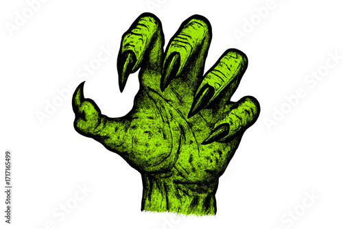 Neon green zombie monster hand with long claws. Halftone grungy scary Halloween clip art. Demon hand for mixed media design. Horror creature, spooky evil dead vector illustration.