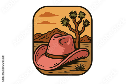 Wild west vector illustration of a pink cowgirl hat in a desert landscape with a joshua tree. Retro western artwork for t-shirt design, print, or poster. Country vibe.
