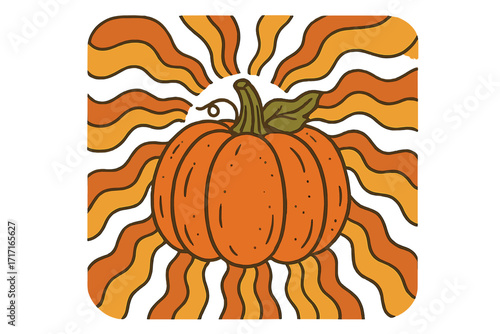 Groovy autumn pumpkin greeting card template. Hand drawn cute fall vegetable with wavy rays. Trendy hippie nostalgic 70s design. Psychedelic Thanksgiving retro print.