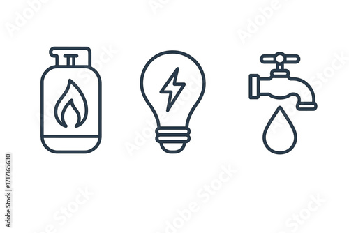 Utilities icon set with gas, electricity, and water symbols. Vector line art of propane tank, lightbulb, and faucet. Concept for energy, power, and natural resources.