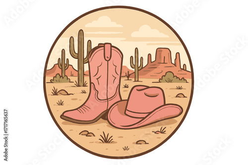 Pink cowgirl boots and hat in a retro American western desert landscape. Vintage wild west circle design with cactus. Country western graphic concept for Nashville or Texas.