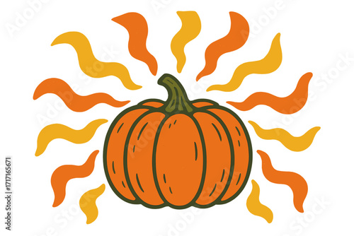 Groovy autumn pumpkin greeting card template. Hand drawn cute fall vegetable with wavy rays. Trendy hippie nostalgic 70s design, psychedelic Thanksgiving print decoration.