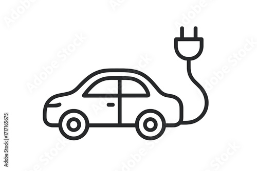 Electric car charging vector line icon. EV automobile with plug and cable symbol. Eco friendly, sustainable transport concept. E-mobility, green energy and technology.