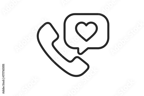 Emotional support hotline icon for mental health. Call center service and empathy communication concept. Phone and speech bubble with heart. Vector line illustration for help.