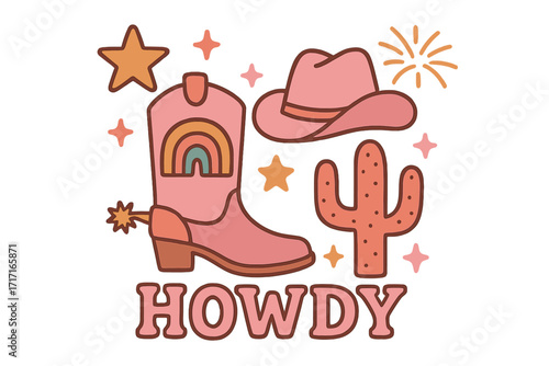 Retro groovy cowgirl aesthetic with pink boots, hat, rainbow, and cactus. Western 'Howdy' quote for bachelorette party. Cute boho vector for sticker or invitation design.