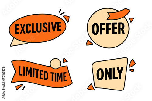 Exclusive offer limited time only graphic elements. Set of promotional shape banners for sales and advertising. Vector design stickers for marketing, discount and clearance.