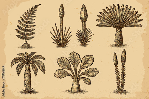 Set of prehistoric plants vector illustration. Ancient fossil fern, palm, and cycad in vintage engraving style. Botanical drawing on old paper. Paleontology flora collection.